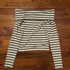 American Eagle Green and Cream Striped Long Sleeve Off The Shoulder Top